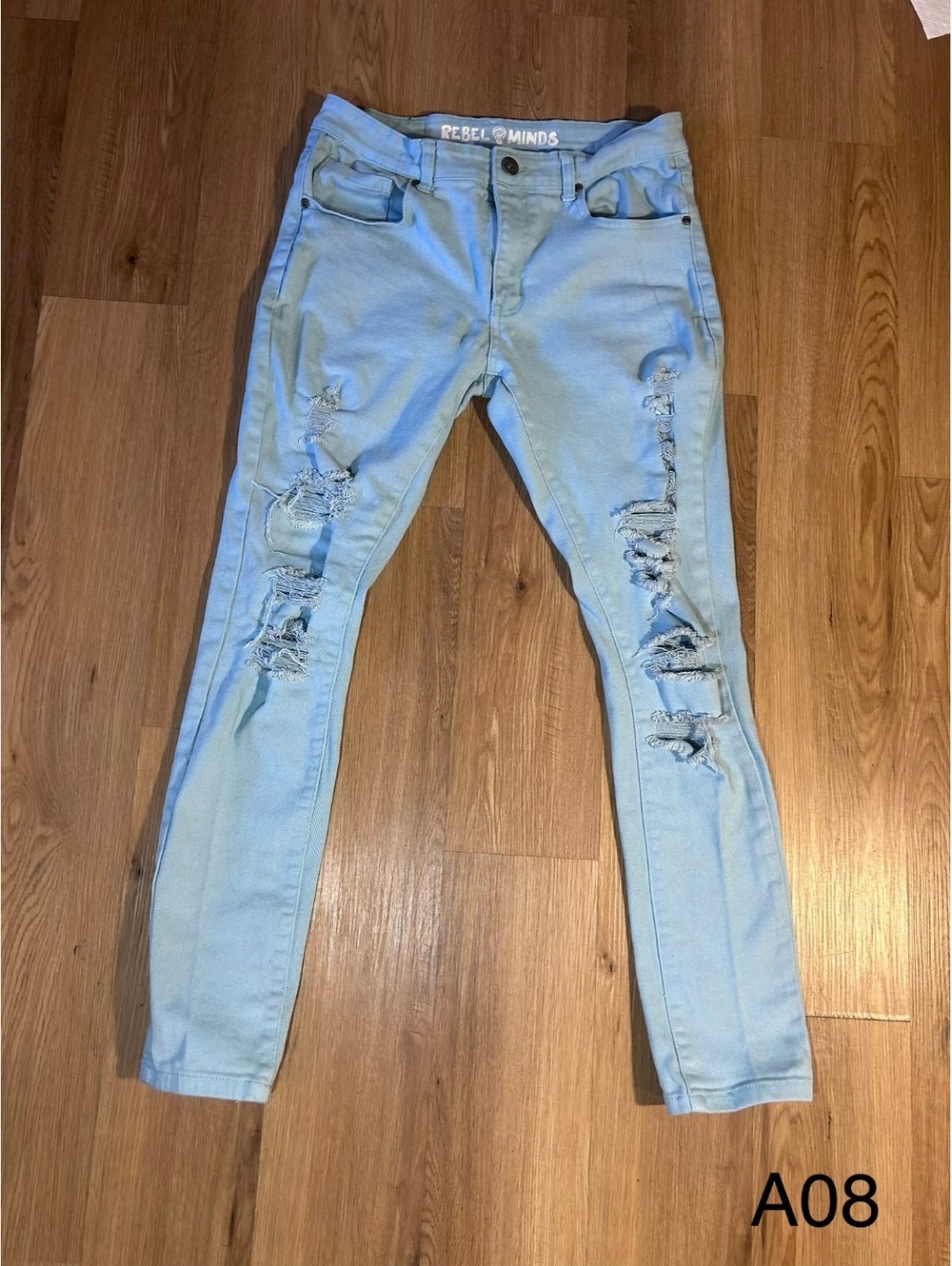 Men’s Distressed Skinny Jeans Pale Blue Ripped Streetwear